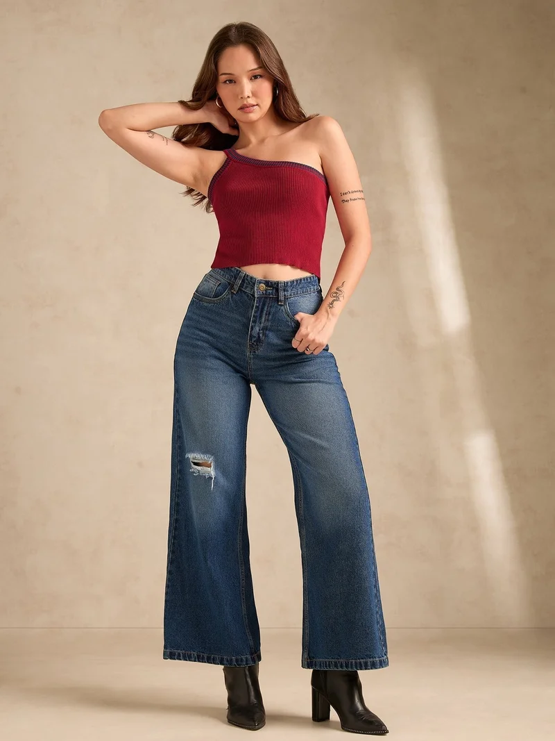 أوجيدر أحمر كتف واحد محبوك مسطح تانك